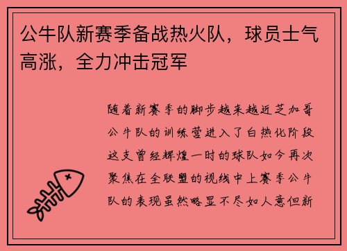 公牛队新赛季备战热火队，球员士气高涨，全力冲击冠军