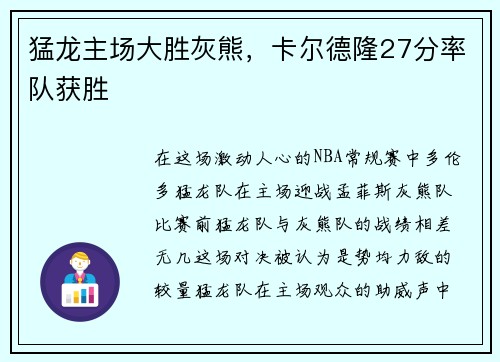 猛龙主场大胜灰熊，卡尔德隆27分率队获胜